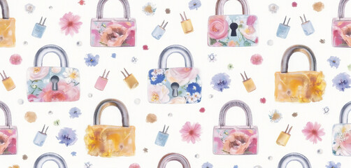Watercolor handbags with pastel floral patterns in an artistic arrangement