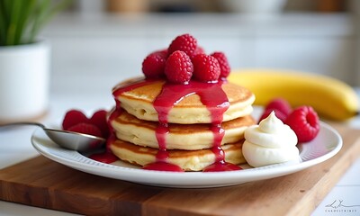 Stack of Pancakes with Raspberry Sauce and Fresh Raspberries on a Wooden Board with Cream Topping