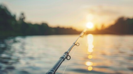 A fishing rod is shown with a yellow line in the water