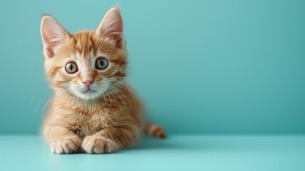A ginger kitten sits on a blue background