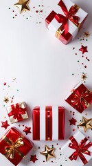 Image is a festive, celebratory layout featuring a collection of wrapped gifts and decorative elements.
