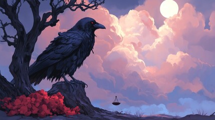 Fototapeta premium A black raven perched on a tree stump under a full moon with a cloudy sky.