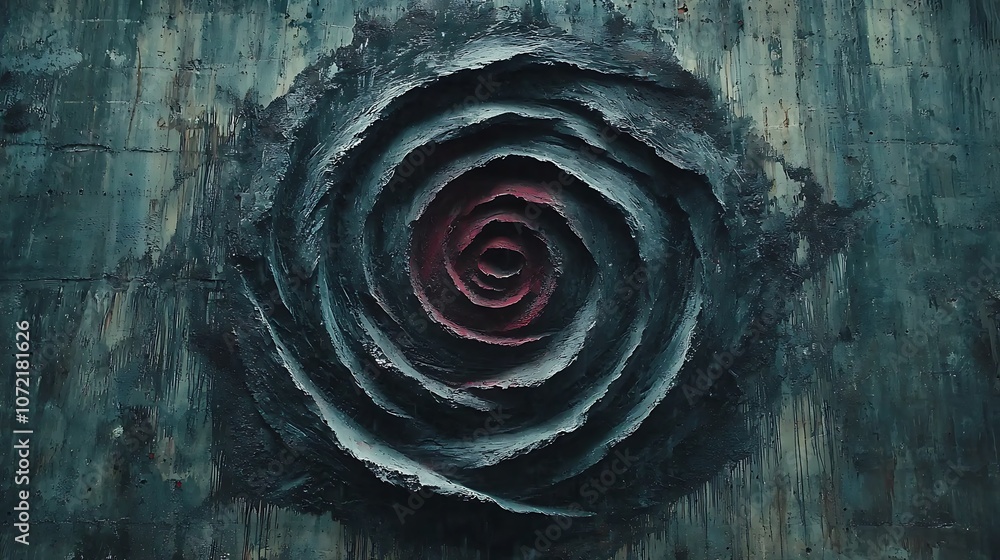 Poster abstract black and red rose design with intricate pattern hanging against a textured wall, perfect f