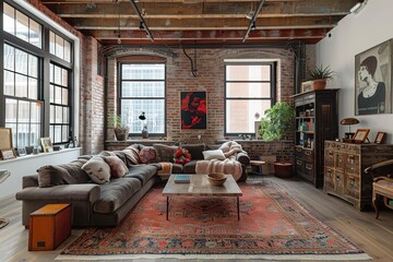 Industrial loft-style living room with exposed brick walls and metal fixtures