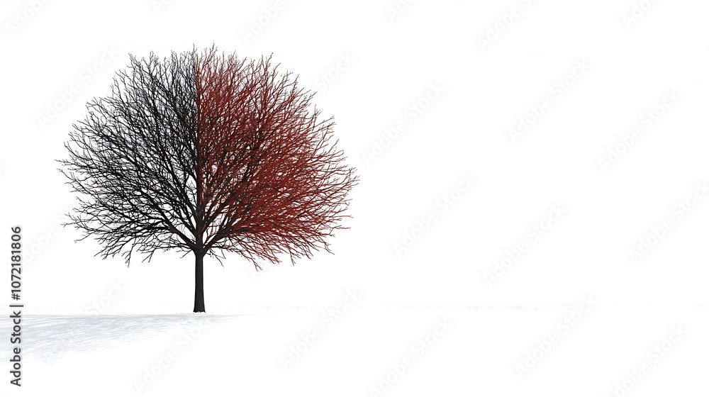 Aufkleber a unique symmetrical tree design with black and red highlights against a minimalist white background