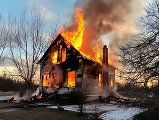 Fototapeta premium Burning Fire House Burn abandoned Building. Flame Disaster Emergency 