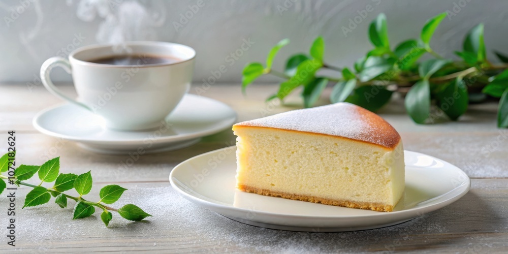 Poster a slice of delectable cheesecake with a cup of steaming coffee and greenery as the perfect accompani