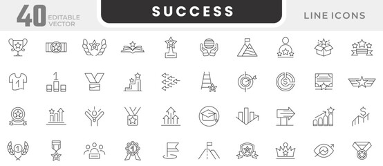 Success line icon set. Progress, career, growth, profit, Schedule, plan, implementation, strategy, analysis, collaboration, group, social responsibility line icon set. UI thin line icon pack.