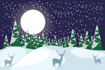 Illustration of deer in the mountains in winter at Christmas