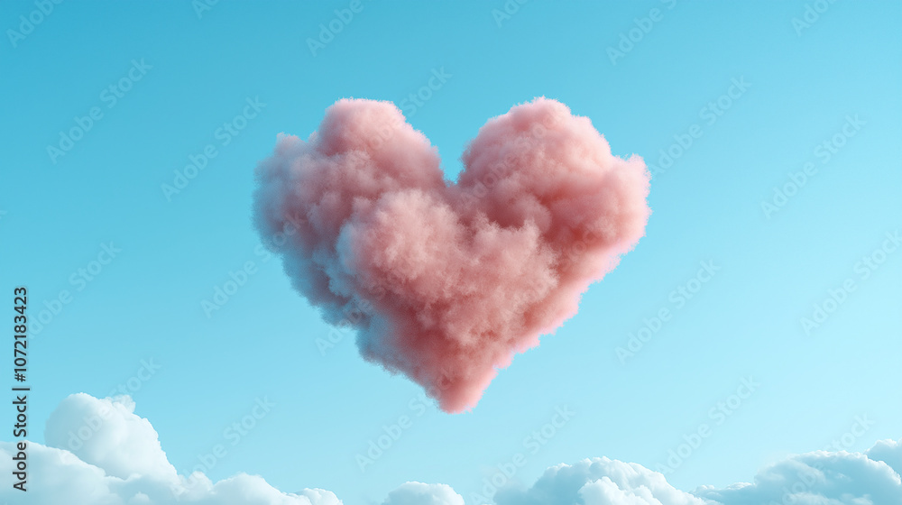 Poster heart shaped cloud floats in clear blue sky, creating whimsical and romantic atmosphere. this unique