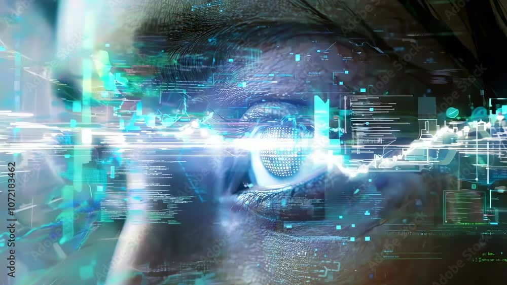 Poster futuristic eye technology with digital enhancements and data visualization