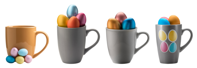 Colorful Easter eggs in mugs, vibrant and festive decor for spring celebrations on a white isolate background.