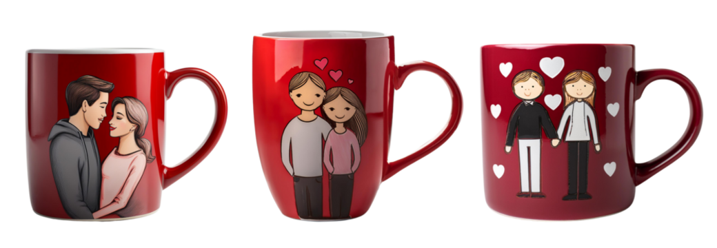 Three Valentine's Day mugs featuring cartoon couples on a white isolated background. - Powered by Adobe