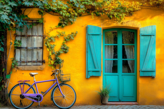 Purple bicycle leaning against a bright yellow wall with green ivy and turquoise shutters and door. Vibrant outdoor architectural photography with rustic elements