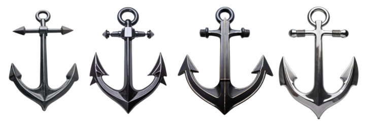 Set of four distinct anchor designs, perfect for nautical themes, on a white isolate background.