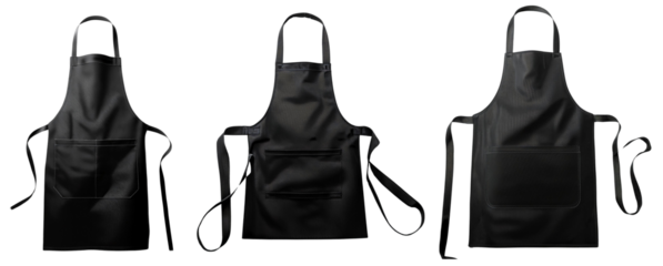 Three black aprons displayed against a white isolated background, ideal for culinary and restaurant use.