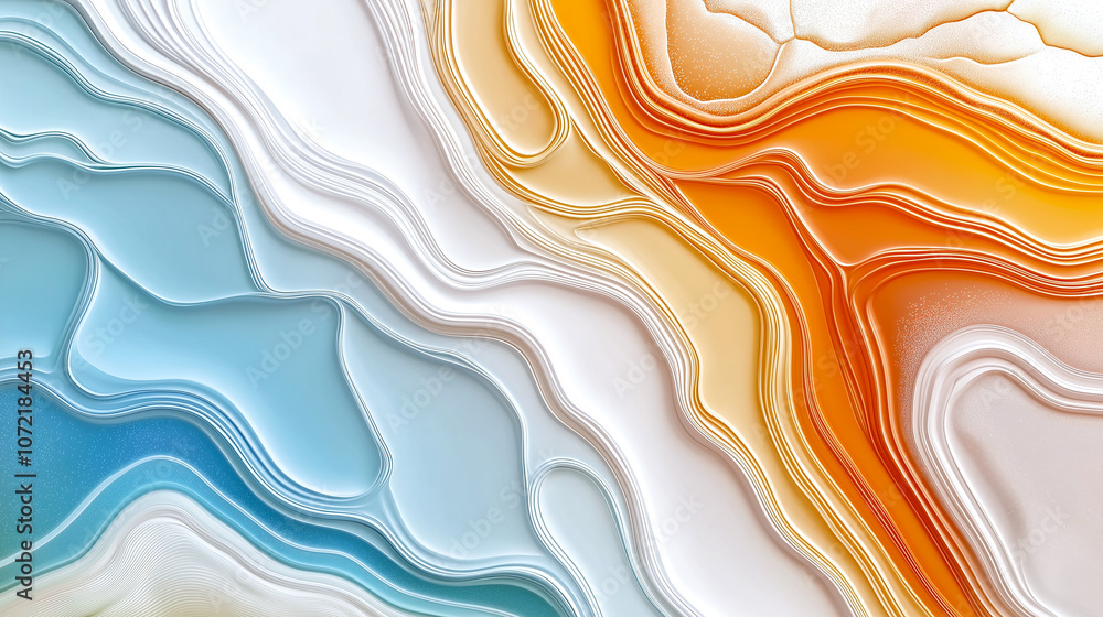 Poster abstract liquid marble background with flowing lines in blue, white, and orange hues, creating dynam