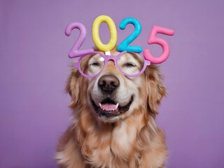 Cute Golden retriever dog in a festive party glasses with 2025 New year numbers. Warm and bright purple background and lighting. Holiday celebration.