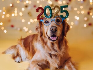 Cute Golden retriever dog in a festive party glasses with 2025 New year numbers. Warm and bright yellow background and lighting. Holiday celebration.