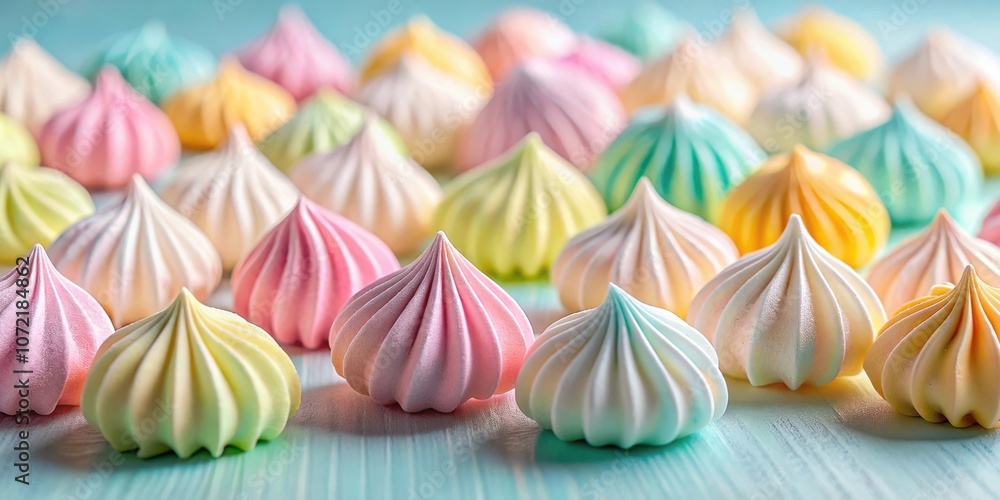Poster a delicate arrangement of pastel-colored meringues, their smooth, fluted surfaces reflecting the sof