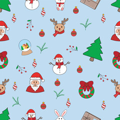 Seamless Christmas Pattern with Santa Claus, Candy Canes, and Ornaments on Blue