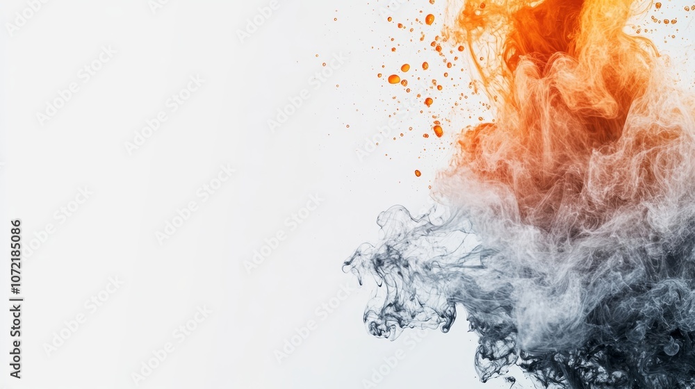 Poster dynamic interplay of orange and black smoke against a white background, creating an abstract visuall