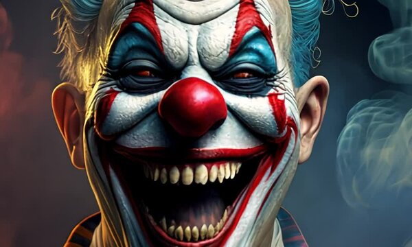erratic and terrifying joker laughing with smoke and dark background