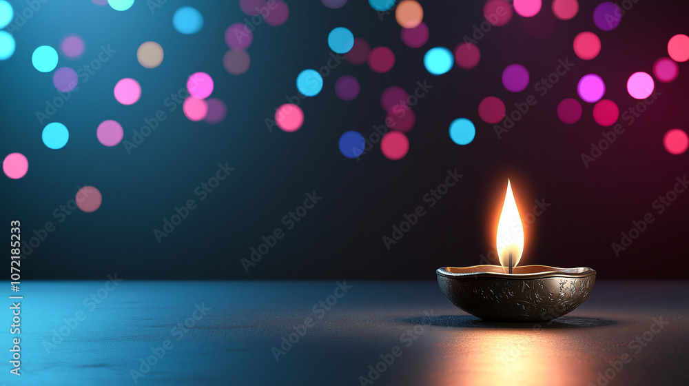 Poster glowing candle illuminates dark background filled with colorful bokeh lights, creating warm and fest
