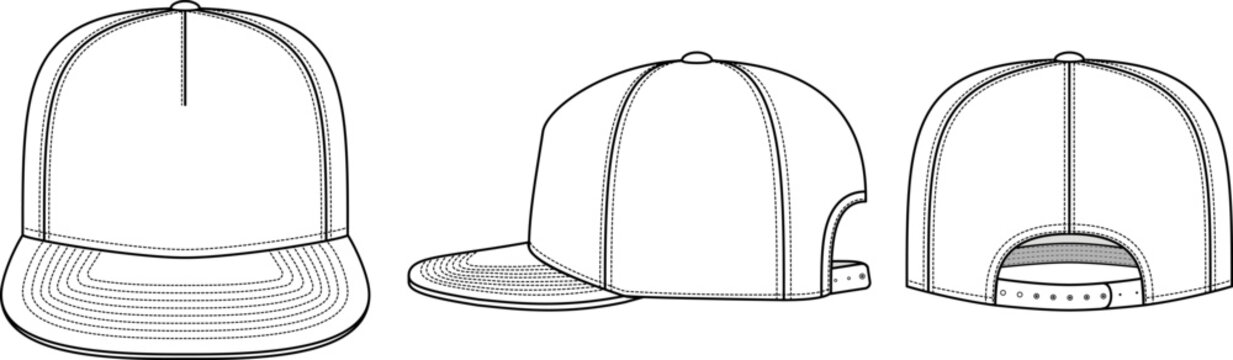 Editable technical fashion sketch for the Cap, vector illustration. For apparel design, tech packs, and fashion production. Front, back, and side view.