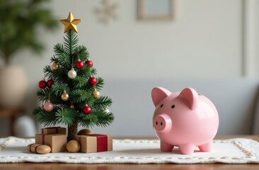 Pink piggy bank surrounded by coins next to a small artificial Christmas tree, symbolizing financial savings, holiday budgeting expenses management. Clean, white minimalistic background.