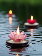 Elegant lotus candles float on tranquil water, bringing a serene and peaceful ambiance.