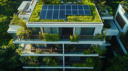 A contemporary apartment building with a lush green roof and solar panels, surrounded by trees. Sustainable architecture showcasing urban greenery and renewable energy solutions