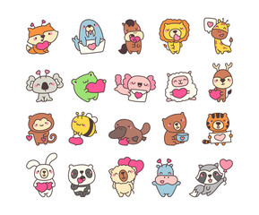 Cute kawaii animal characters holding hearts for Valentines Day illustrations and cartoons