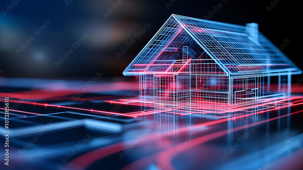 Poster futuristic digital representation of house with glowing lines and grids, showcasing advanced constru