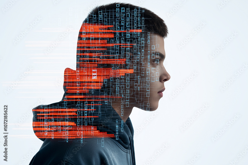 Poster young person in hoodie is depicted with digital overlay of binary code, symbolizing technology and c