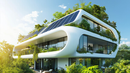 Modern eco-friendly building with solar panels, curved white facade, and lush greenery on terraces. Sustainable architecture surrounded by trees under a bright blue sky