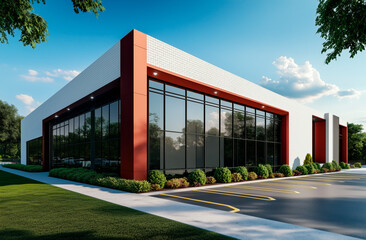 A sleek commercial building featuring red metal accents, expansive glass windows, and landscaped greenery under a bright blue sky