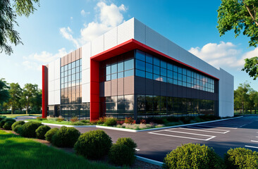 Modern commercial building with glass facade, red accents, and surrounding greenery under a bright blue sky. Contemporary architectural design with an empty parking lot