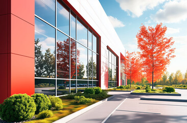 A contemporary building featuring red and white accents, reflective glass windows, and vibrant autumn trees with landscaped greenery