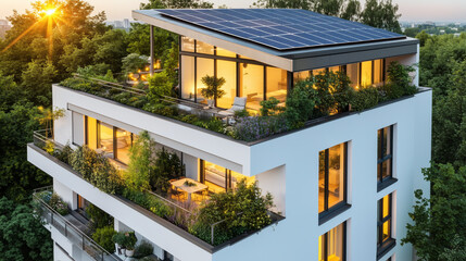A contemporary eco-friendly apartment building featuring rooftop solar panels, lush green balconies, and warm evening lighting surrounded by trees.
