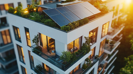 Modern eco-friendly apartment building featuring solar panels and a lush green rooftop terrace. Warm interior lighting creates a cozy ambiance, complemented by the golden hour glow