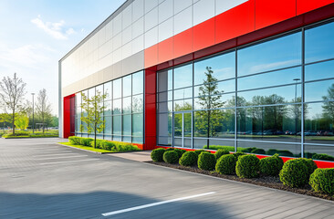 Modern commercial building with glass facade, red accents, and manicured landscaping under a clear blue sky. Spacious parking lot and minimalist architectural design