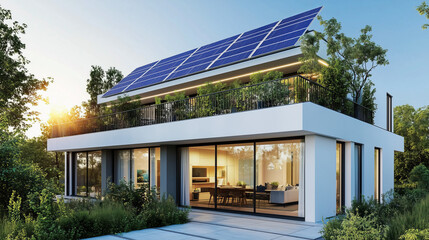 A sleek urban residence featuring advanced solar panels on the roof, lush greenery on the terrace, and large glass windows. Evening sunlight enhances the eco-friendly and modern design
