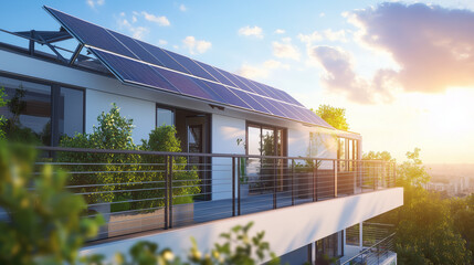A modern sustainable residential building featuring advanced solar panels on the roof, lush greenery, and a spacious balcony with a sunset view over the cityscape