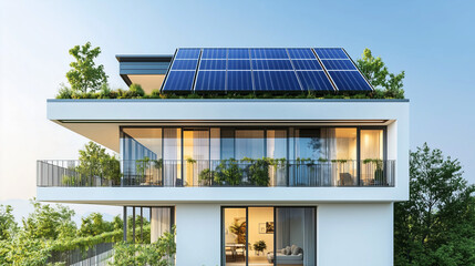 A stylish modern house featuring rooftop solar panels, green balconies, and large windows, surrounded by trees and natural light.
