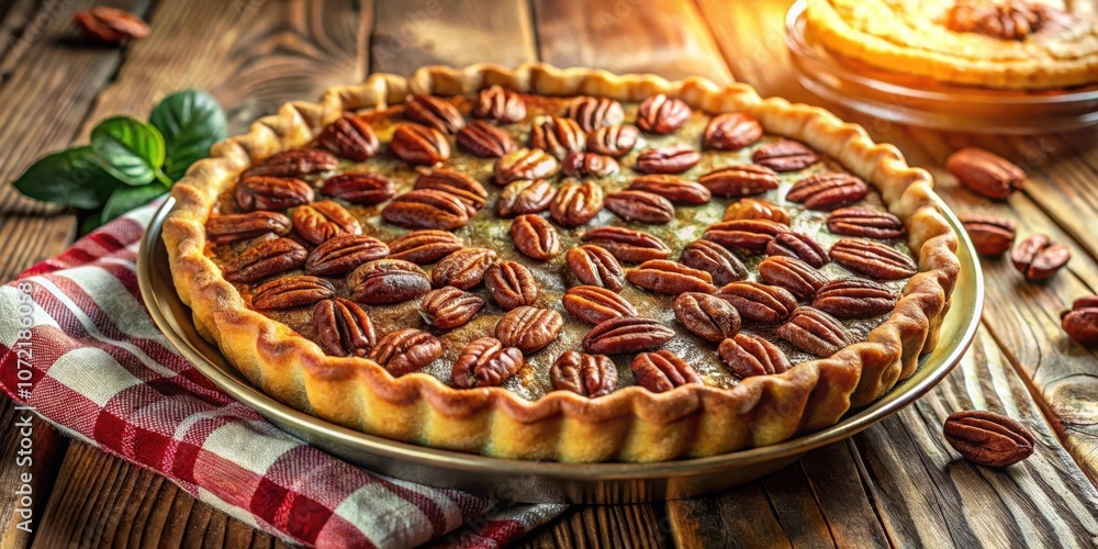 Poster a delicious pecan pie with a golden crust, ready to be sliced and served on a rustic wooden table