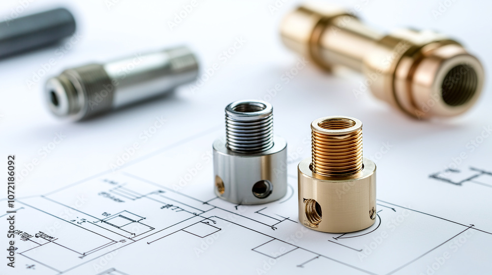 Poster precision metal fittings and engineering drawings showcase intricate design. image features various 