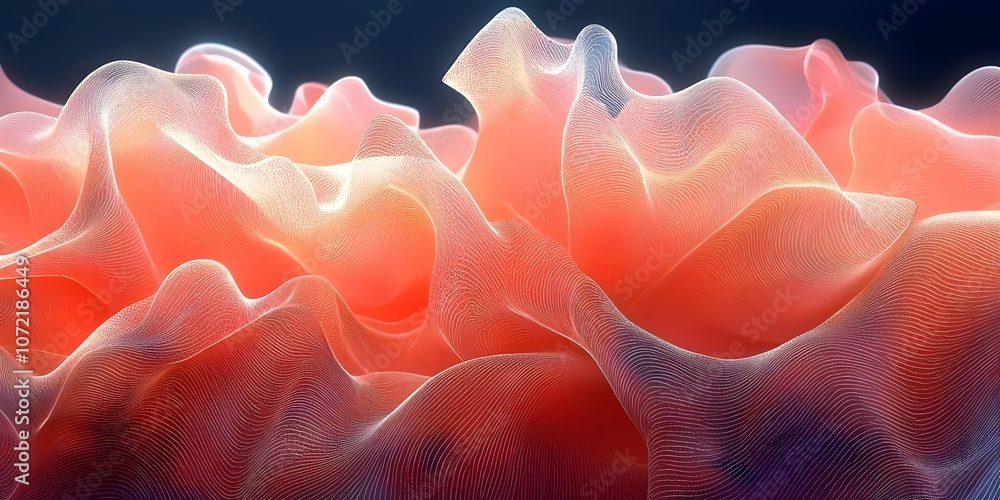 Poster a mesmerizing abstract landscape of undulating waves in soft peach and coral tones, showcasing intri