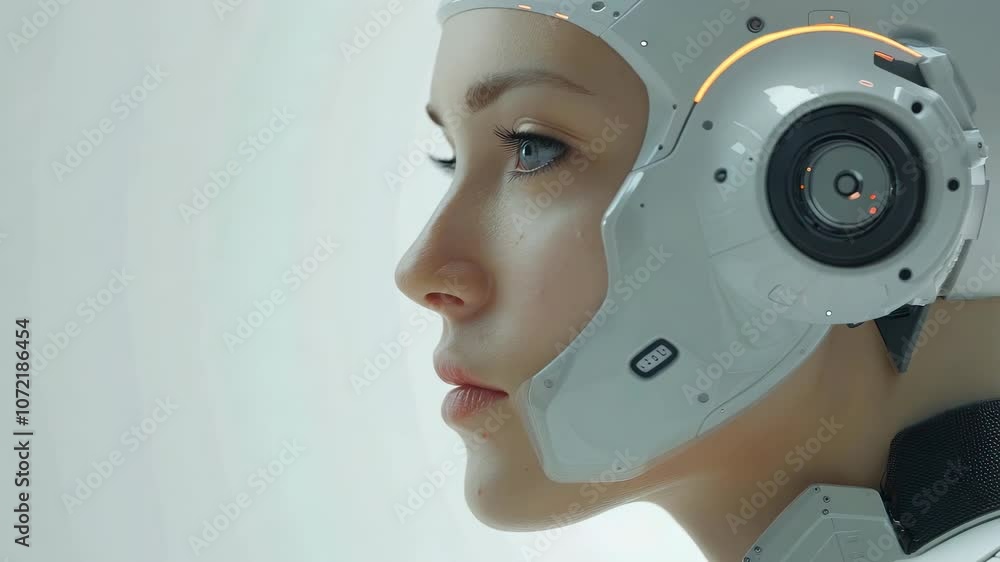 Poster futuristic android female with robotic features and soft expression