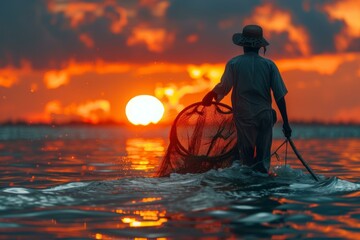 Southeast Asian fisherman in a boat at sunset with a net